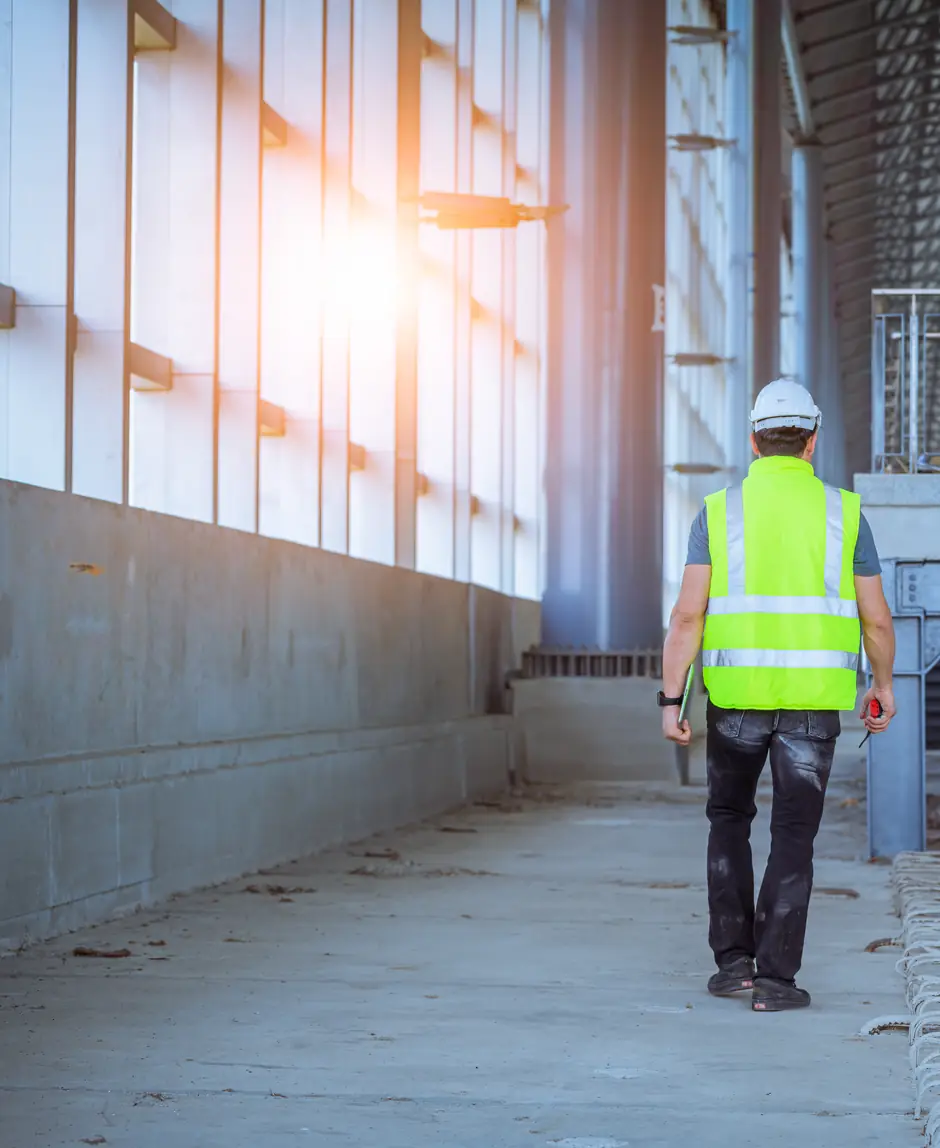 Supervisor con casco y chaleco de seguridad recorriendo una nave industrial en construcción